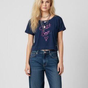 NWOT VTG Y2K Juicy Couture T-Shirt Sz M Dark Blue Short Sleeve Graphic Glitter